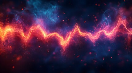 Obraz premium Dynamic energy wave of red and orange surges across a blue-tinged backdrop, creating a visual spectacle of power. Bokeh lights add depth. Perfect for tech, Abstract Medical Pain