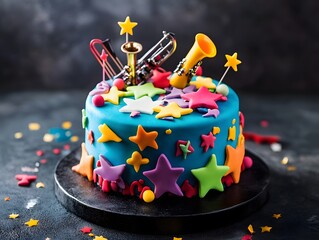 Vibrant Blue Birthday Cake with Musical Instruments and Stars