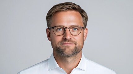 A professional businessman wearing glasses posing for a corporate portrait, neutral gray background, clean and minimalist composition, and formal attire.