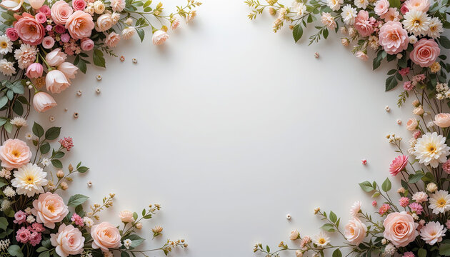 Cheerful, feminine floral design forms an oval frame around an empty center against a light backdrop.