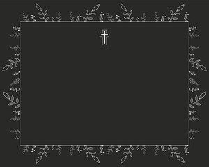 Memorial card for funeral with white flower frame and church cross Black background