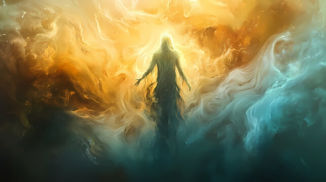 Ethereal figure rising amidst swirling mist and light. Phantom Rise. Illustration