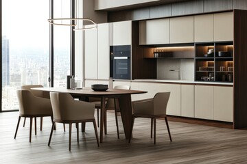 Fototapeta premium A minimalist beige and white kitchen interior featuring a dining table, chairs, oven, white bowl, and cup elements.