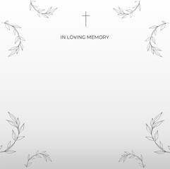Obraz premium Funeral card with grey background and leaves Black church cross