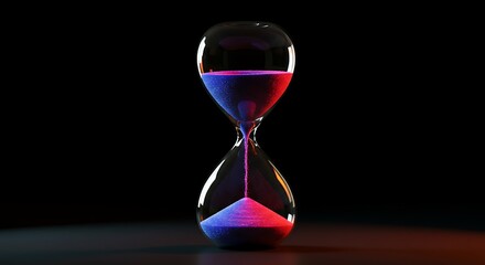 Hourglass with vibrant colored sand flowing in dark background, concept of time passing and urgency