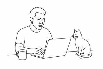 Brasileiro trabalhando no notebook com gato na mesa – vetor SVG em fundo branco. Trabalho remoto, freelancer, home office, aprendizado online, videoaulas, educação

