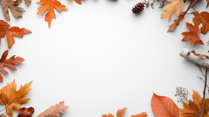 Autumn leaves border on white surface