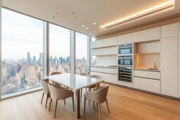 A minimalist beige and white kitchen interior featuring a dining table, chairs, oven, microwave, and sink in clean and simple design.