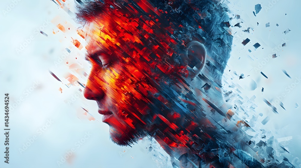 Poster stylized profile art portraying disintegration, with warm reds transforming into cool blues. an evoc