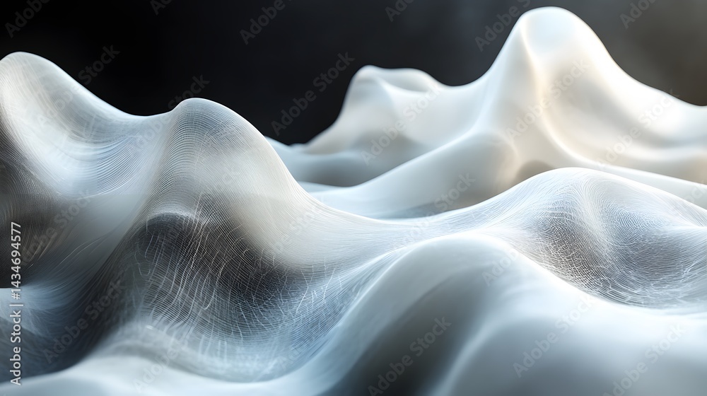 Poster ethereal white form against a dark backdrop evokes serenity. undulating surface textures and soft, r