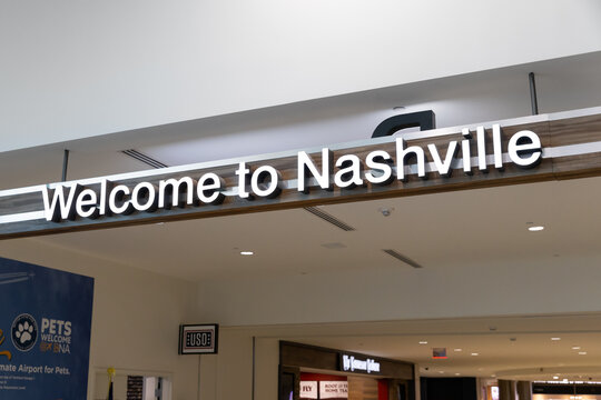Nashville, TN, USA - April 16, 2025: A Welcome to Nashville sign. The Nashville International Airport, originally known as Berry Field, is located just Southeast of downtown and built in 1937.