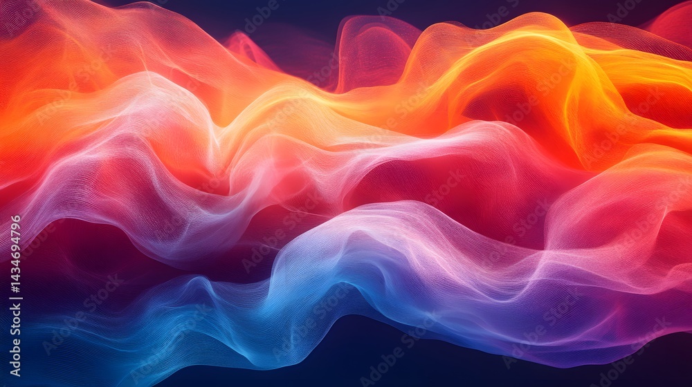Poster vibrant waves cascade through a dark abyss, gradients shifting from fiery reds to tranquil blues. a 
