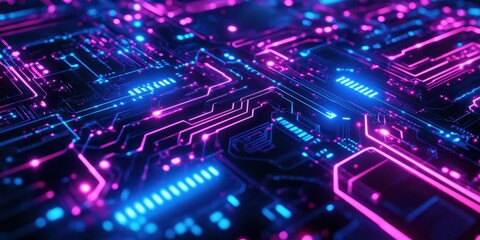 Intricate circuit board design with vibrant neon hues.
