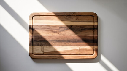 A rectangular wooden cutting board is bathed in sunlight, a minimalist and inviting kitchen scene.