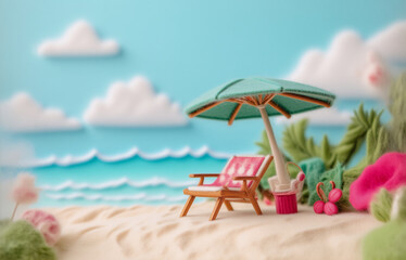 A serene miniature beach scene with a wooden chair under a green umbrella on the sand, facing the wavy ocean and cloudy blue sky, creating a peaceful summer vibe.