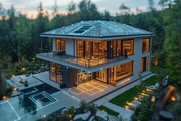 Modern residential home surrounded by lush greenery with advanced technology