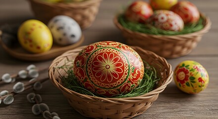 Decorated Eggs in Baskets for Holiday Season Celebration