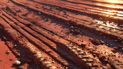 Textured Surface of a Dry Dirt Road with Tire Tracks and Scattered Pebbles