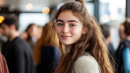 Young Woman Smiling at Alumni Gathering in Realistic Photography with Soft Focus Background of People Socializing
