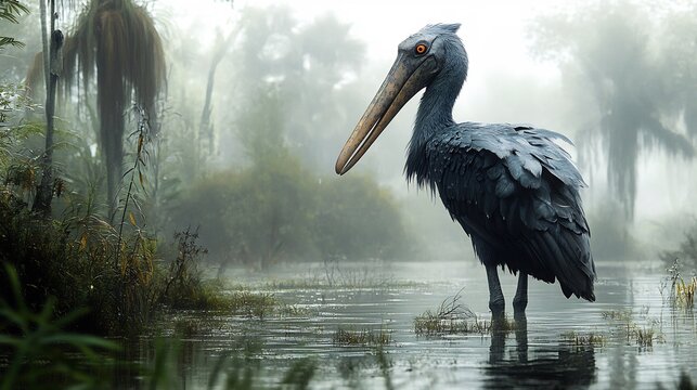 Prehistoric looking shoebill stork standing motionless in a swamp piercing gaze massive beak misty wetlands background hyper realistic wildlife portrait