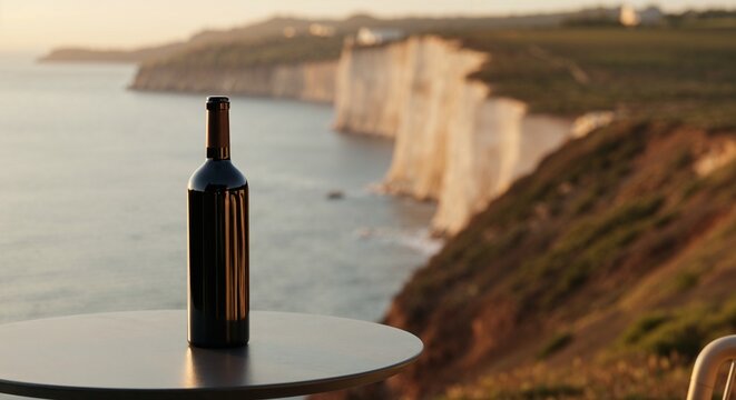 Scenic coastal view with wine bottle mockup on outdoor table, perfect for travel, lifestyle or branding with copy space