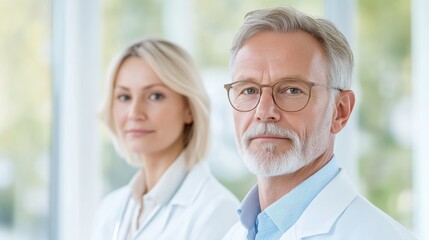 Fototapeta premium Two medical professionals, a man and a woman, wearing lab coats, looking at the camera.