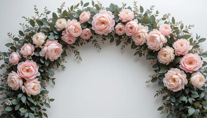 Semicircular floral display featuring numerous pale pink roses and eucalyptus leaves.