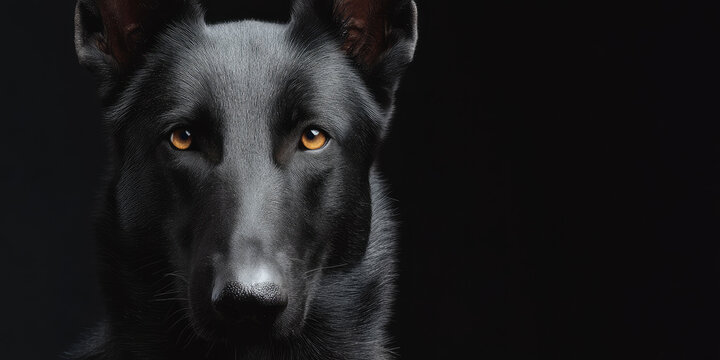 A black dog with golden eyes stares intently, its sleek fur and upright ears highlighted against a dark background. 