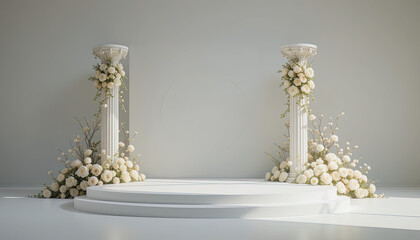 White stage, encircled by elegant pillars adorned with delicate white floral arrangements, creates a serene and sophisticated backdrop.