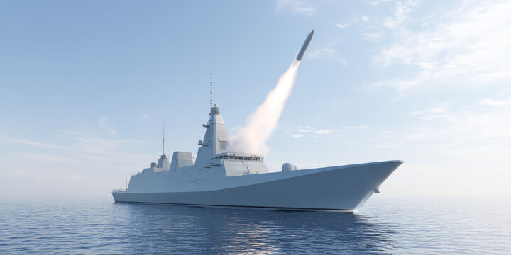 A modern battleship cuts through calm ocean waters under a clear sky, launching a missile into the air. No visible text on the ship or the environment - Powered by Adobe
