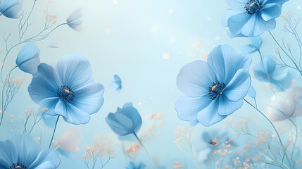 Tranquil blue flowers on delicate light blue background, serene floral dream serene. Dream Bloom. Illustration