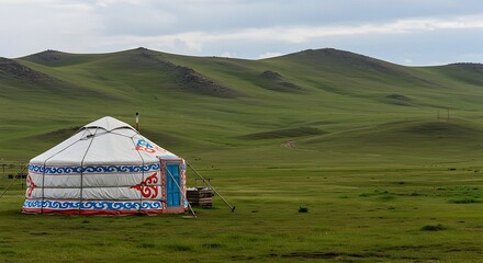 Dwelling in Green Landscape with Rolling Hills