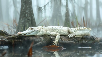 Rare albino alligator basking on a swampy log pure white scales glowing under the misty morning sun cinematic wildlife photography