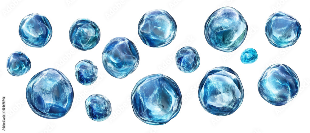 Poster Translucent blue aqueous spheres floating on an isolated transparent canvas background