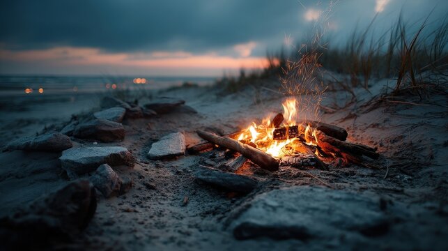 Beach bonfire gathering beach photograph evening close-up warm glow