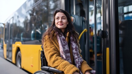 Young woman in wheelchair boards city bus independently. Candid urban scene highlighting accessibility, empowerment, and inclusive mobility