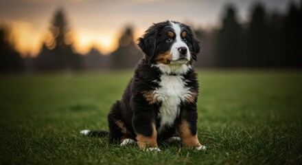 Curious puppy with tri-colored coat sitting on grass in a park at sunset