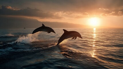 Dolphins leaping at sunset ocean realistic photograph serene environment wide angle nature's grace