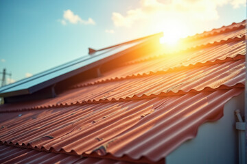 A close-up of a roof with both solar panels and a skylight, showing the house’s energy-efficient design