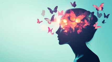 A silhouette with butterflies representing thoughts. Colorful Abstract Portrait with Flowing Imagination