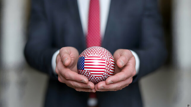 Businessman Carefully Holding a QR Code Globe with American Flag - Powered by Adobe