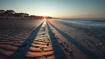 Sunset glow on sandy shore beachfront realistic photography coastal low angle glowing horizon