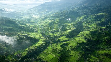 Expansive Green Valleys in Rural Landscape Highlighting Climate Smart Agricultural Practices Under Clear Blue Skies