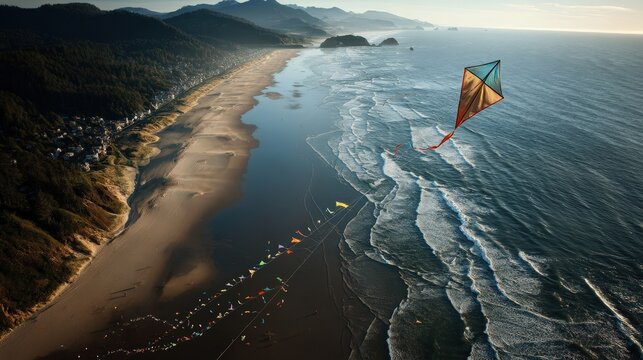 Kite flying adventure coastal beach realistic photography scenic landscape aerial view outdoor fun