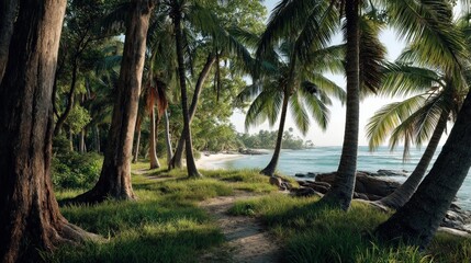 Exploring lush palm grove secluded beach realistic photograph nature paradise serene view tropical beauty