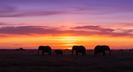 Fototapeta premium Silhouetted elephants trek across the African savanna as the sun sets, painting the sky with vibrant colors. Peaceful, majestic, and unforgettable.