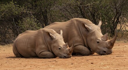 Two rhinoceroses resting in the African savanna, displaying their horns and tough skin, amidst the earthy tones of their natural habitat.