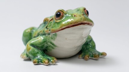 Fototapeta premium A shiny green frog figurine with brown accents, posed against a bright white background, showcasing its smooth, glazed surface.