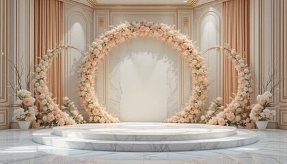 Obraz premium Stunning floral archway, set against a marble platform, creates a beautiful backdrop for an elegant ceremony.