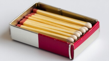 Obraz premium Close-up of a box of wooden matches with red tips arranged neatly inside a silver and red box, isolated against a light background.